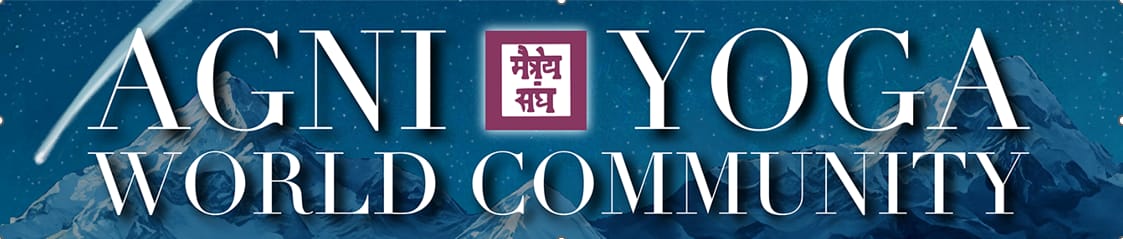 Agni Yoga World Community—banner showing the Maitreya seal against Himalayan mountains and starlit sky