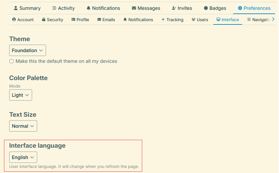Discourse Preferences page, Interface tab, with the Interface Language dropdown highlighted