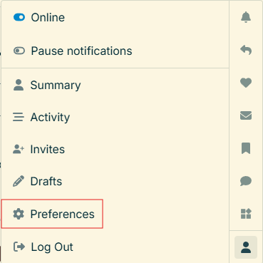 Forum profile icon menu with the Preferences option highlighted